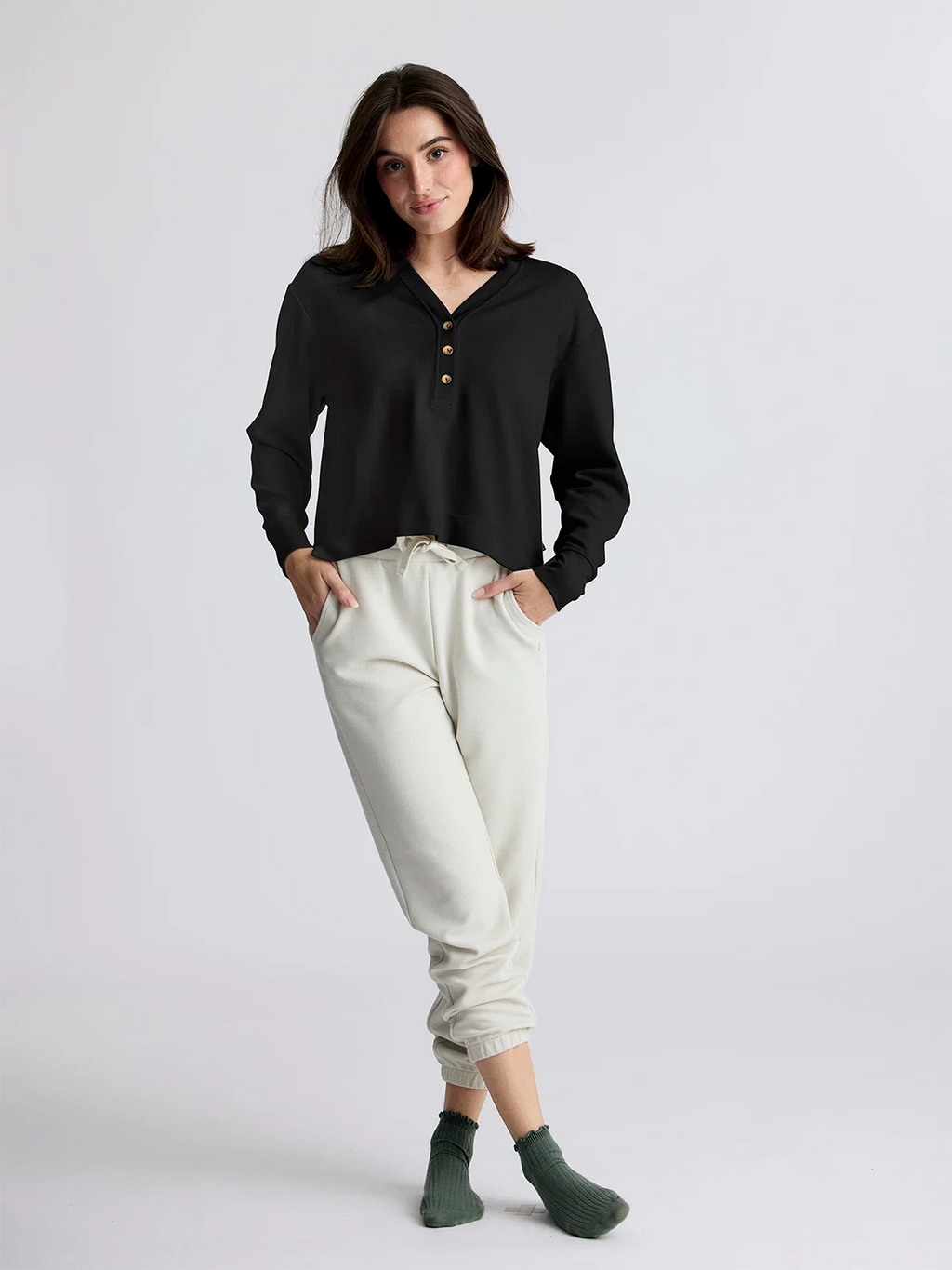 Women's Waffle Long Sleeve Henley - Black Sand